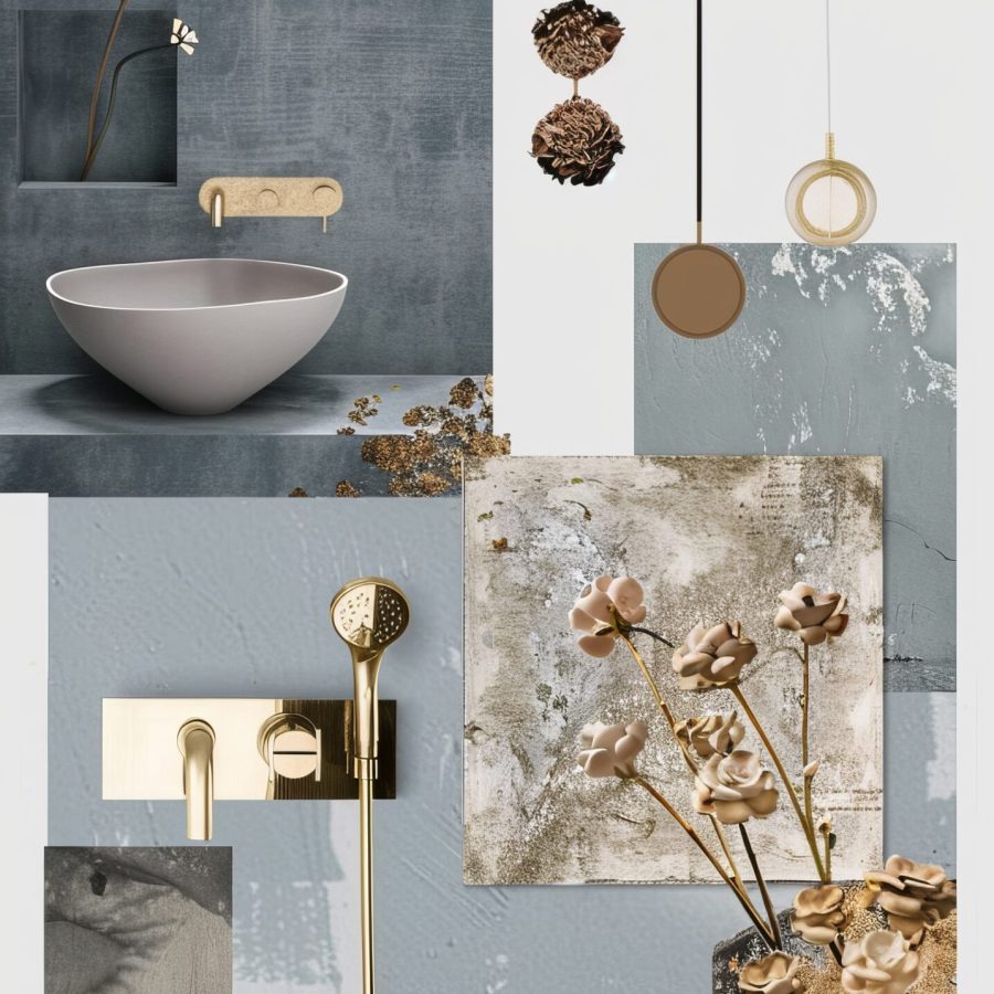 Modern bathroom design mood board with gold floral accents and a minimalist basin.
