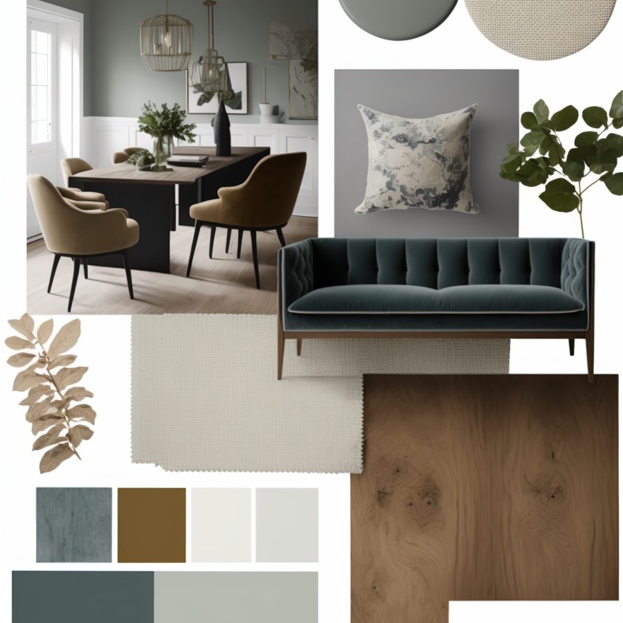 Interior collage. Mood board interior of living room. interior furniture, plants and finishing materials with copy space