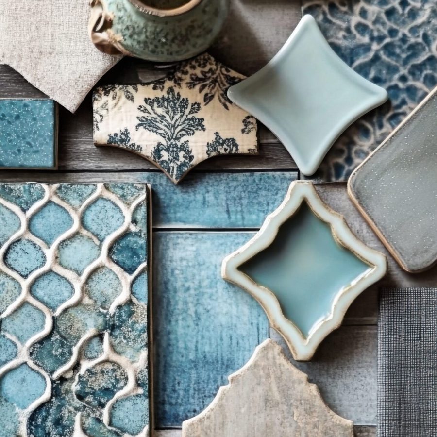 Blue Tones Tile and Fabric Samples Arranged on Wood Surface Flat Lay for Interior Design Inspiration